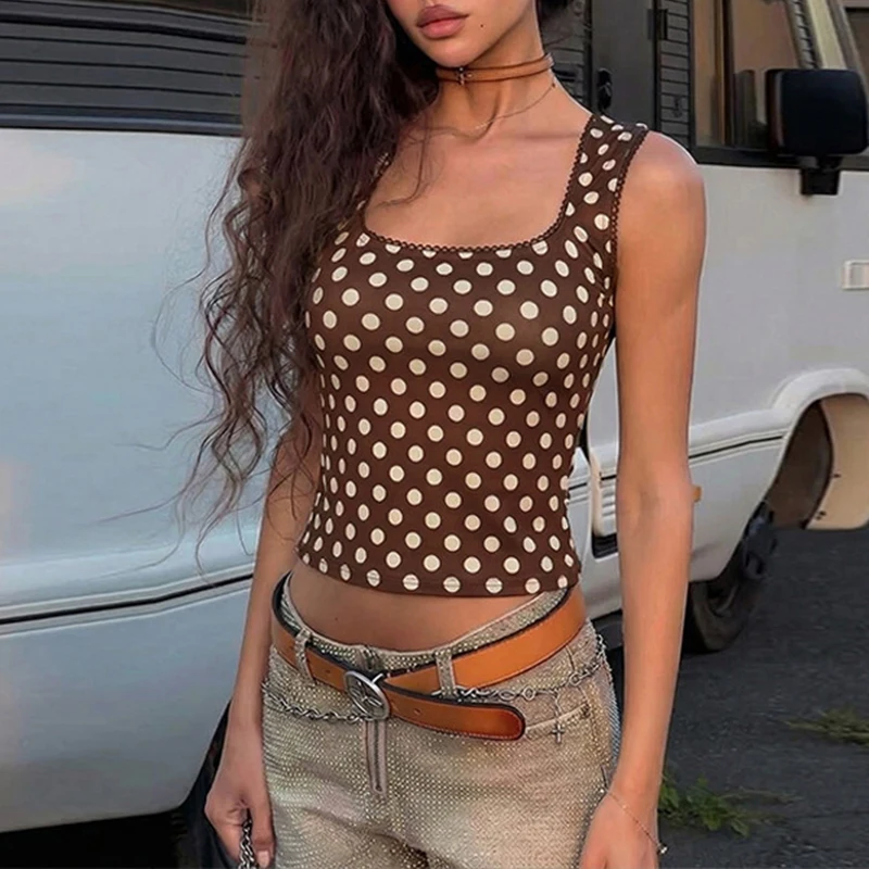 

Жилет OMSJ в винтажном стиле с принтом в горошек, летняя модная майка без рукавов с квадратным вырезом, облегающая, простой стиль, женские топы, клубная одежда