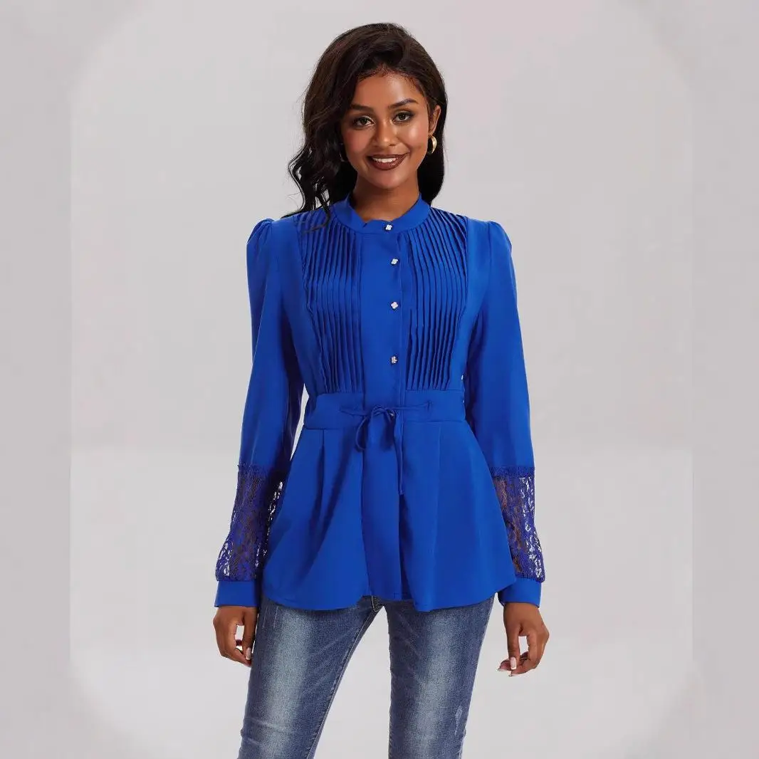 

Large Size Women's Top Stand up Collar Lace Commute Sle Long Sve Pure Color Micro Stretch Easy to Sink Fabric