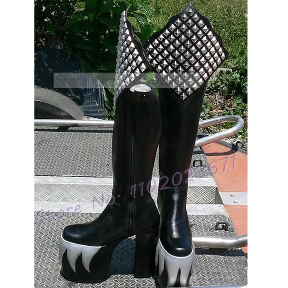 

Novelty Metal Platform Tall Boots Women Rivets Splicing Tooth Print High Block Heels Ladies Winter Halloween Knee High Boots