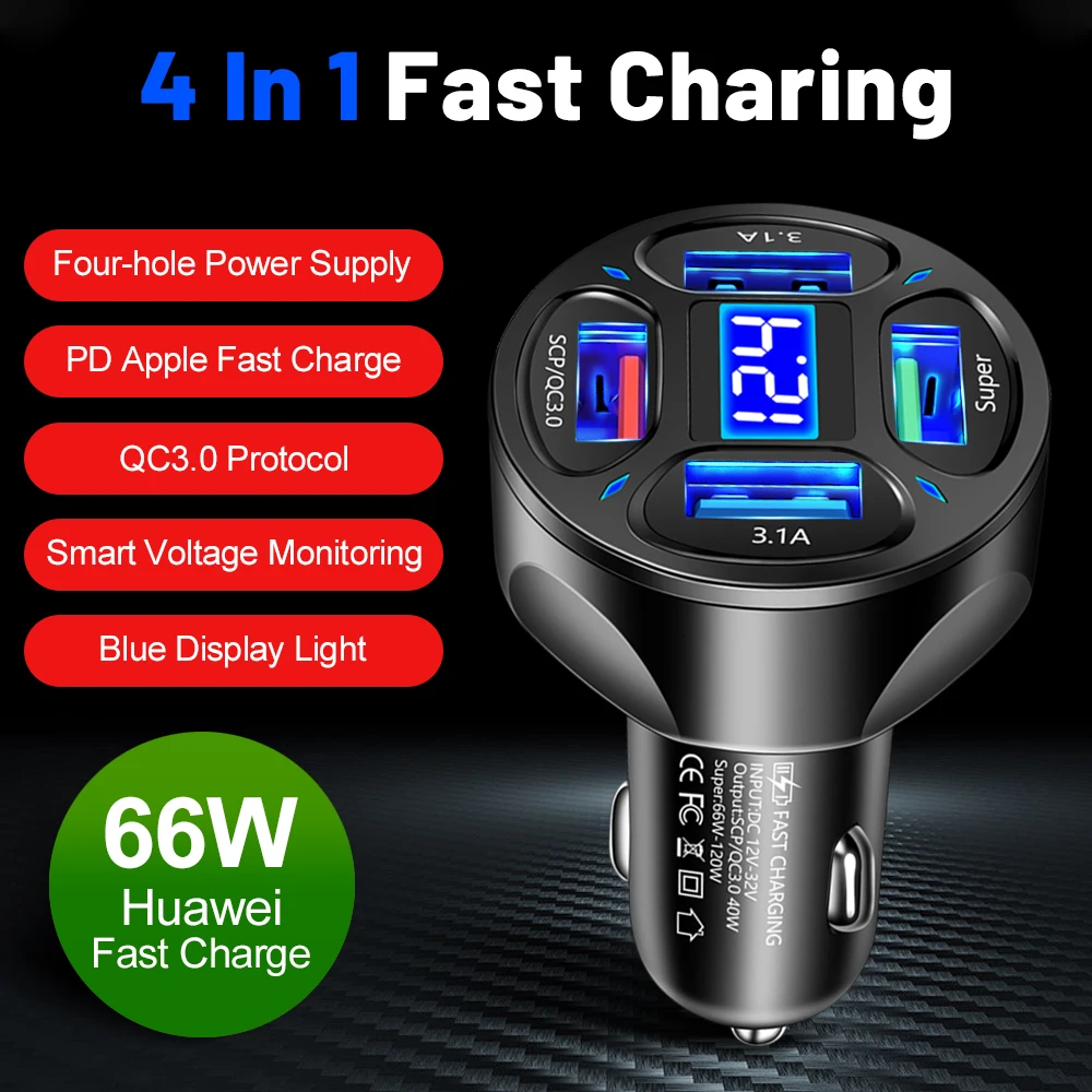 66W Display Voltage Car Charger 4 Ports USB Fast Charging Quick Charge 3.0 USB Cigarette Lighter Plug For iPhone Xiaomi Huawei