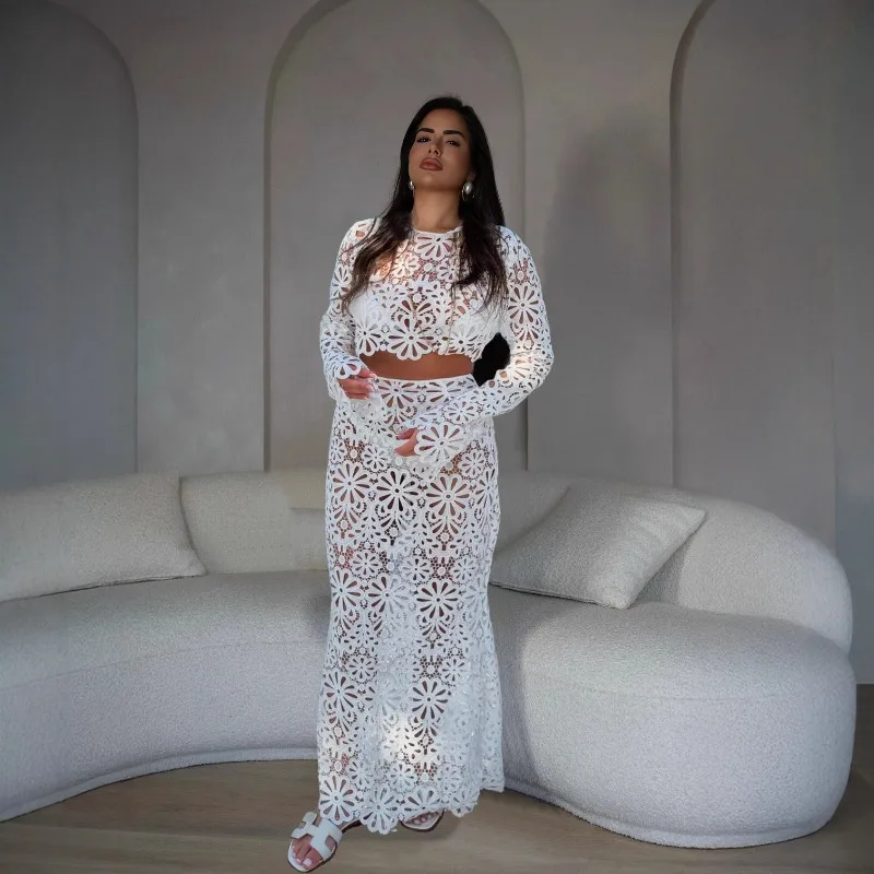 

KEXU Модные кружевные женские укороченные топы с длинными рукавами и свободные комплекты макси-платьев Сексуальные прозрачные вечерние одинаковые комплекты Комплекты из двух предметов