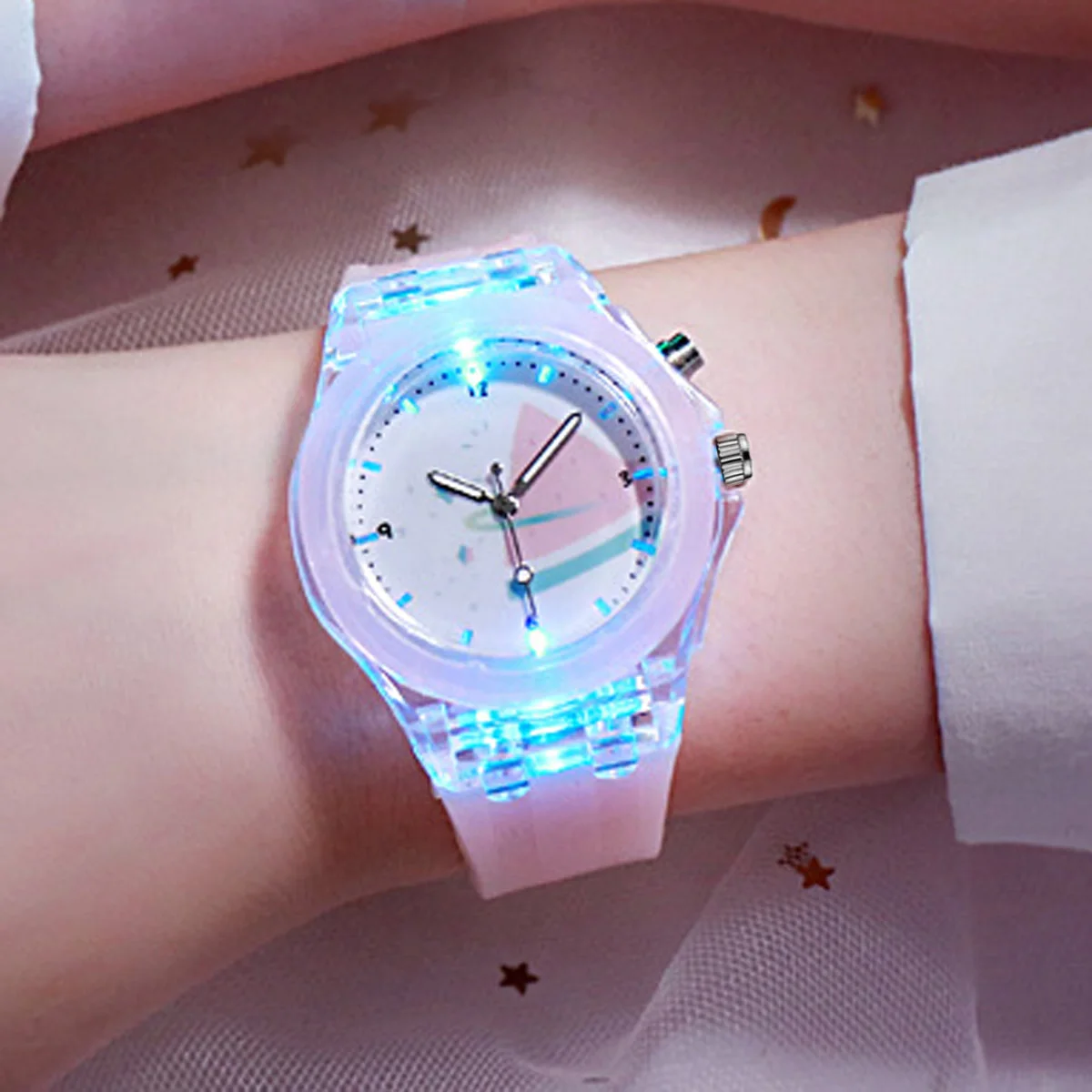 1pcs Jelly Candy Cartoon Watermelon Digital Pointer Quartz Light Girl Watch 1pcs Four-leaf Clover Jewelry Set