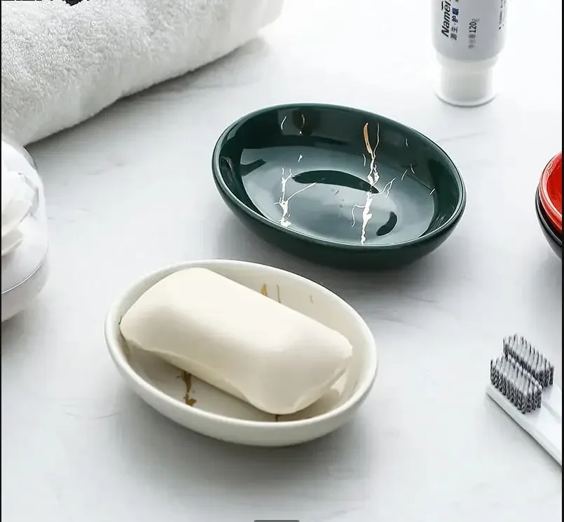 Marble Texture Ceramics Scallop Soap Dish Simple Oval Glass Toilet Soap Storage Organizer Bathroom Supplies Toiletries Product