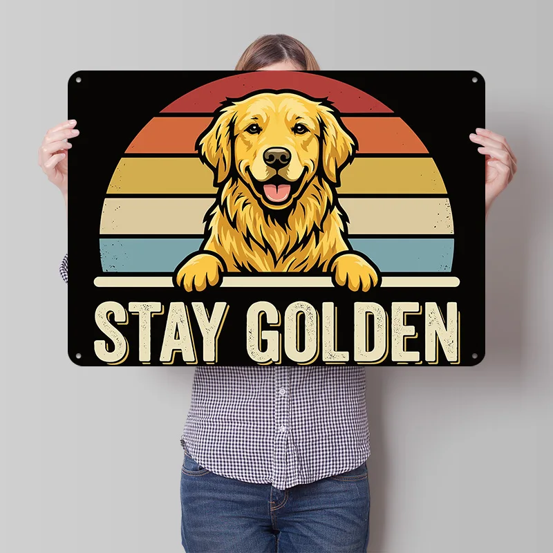 Golden Retriever Dog With Retro Sunset Metal Poster Perfect Gift for Fans Lovers Customized Wall Art Metal Sign for Decor Room