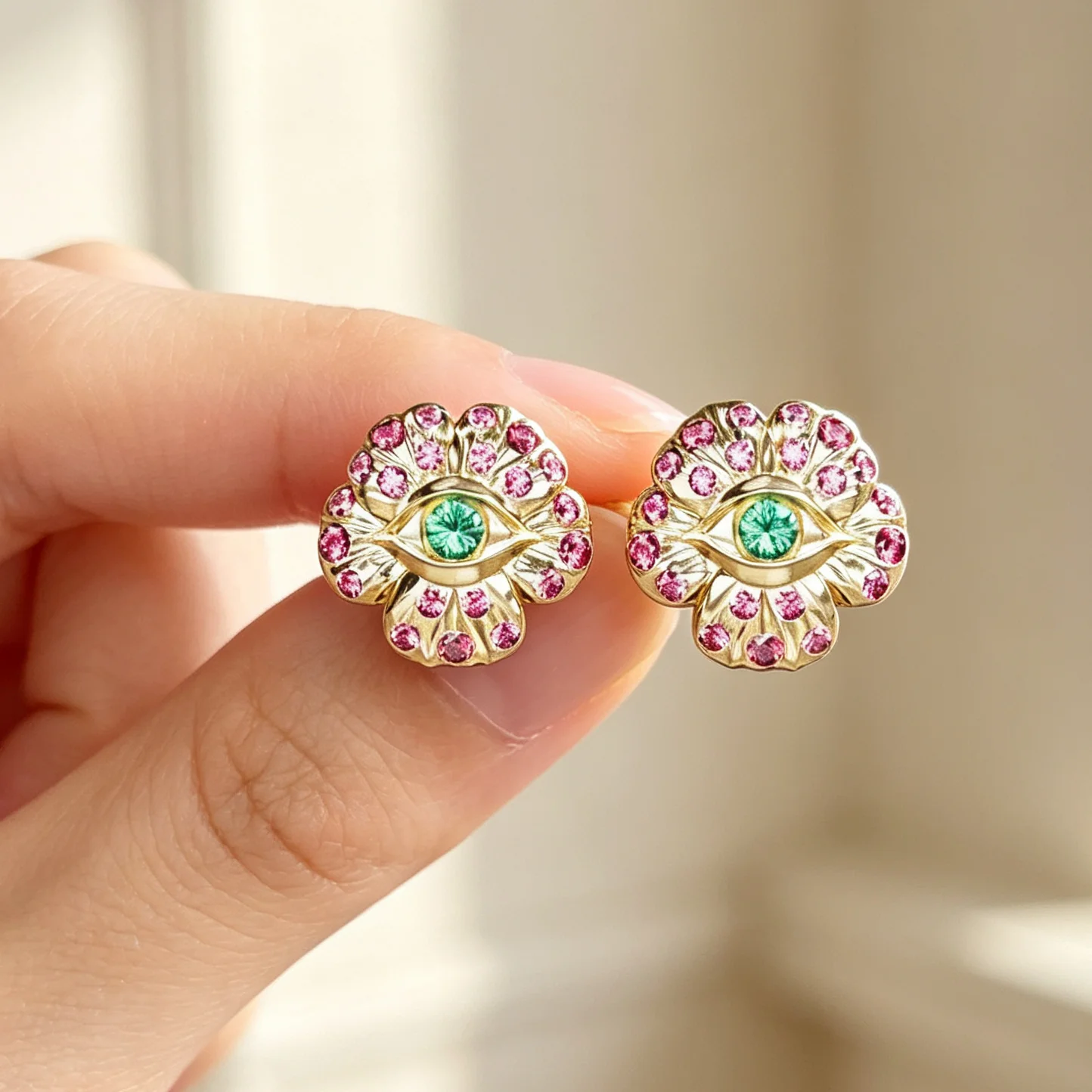 Evil Eye Flower Shape Stud Earrings For Women Gold‑Tone Inlaid Green & Pink Cubic Zirconia Bohemian Statement Ear Studs Party Gi
