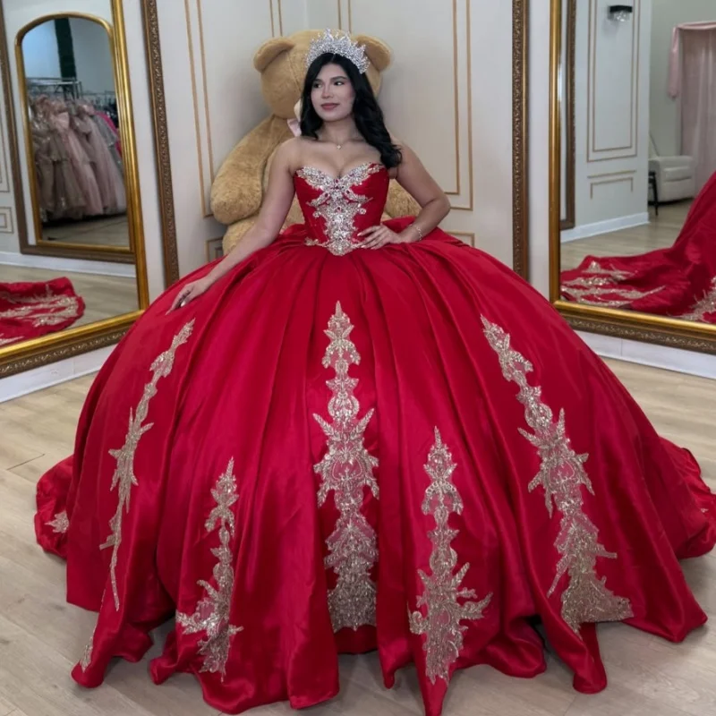 Satin Red Quinceanera Dress Crystal Golden Glitter Decal Long tail off-shoulder Bow Vestidos De 15 Quinceanera ﻿Customize