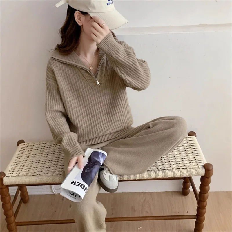 

Lazy Style Half Zip Turtleneck Sweater Suit Women's Autumn and Winter New Loose Thickened Knitted Wide-leg Pants Two-piece Set