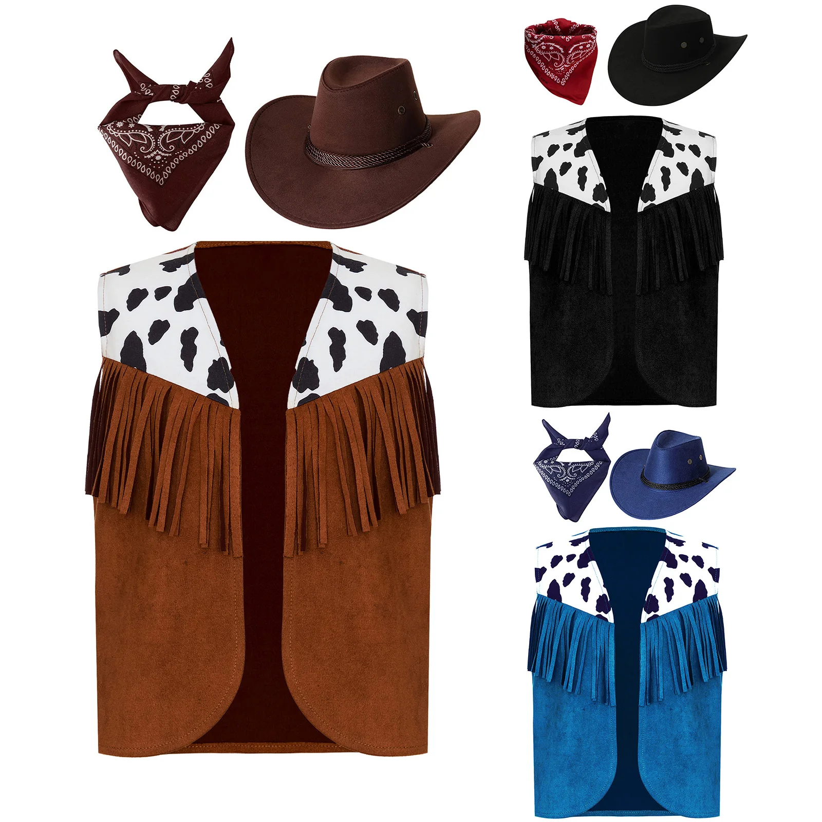 Kids Girls Western Cowgirl Cowboy Costume Set Halloween Carnival Fringe Vest Waistcoat with Bandanna Hat Set for Festivals Party