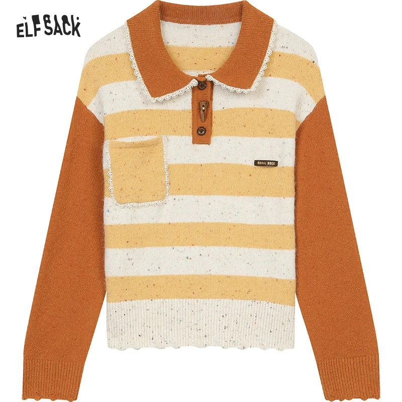 ELFSACK 2024 Autumn New Arrivals Loose and sweet contrast color striped lapel sweater for women