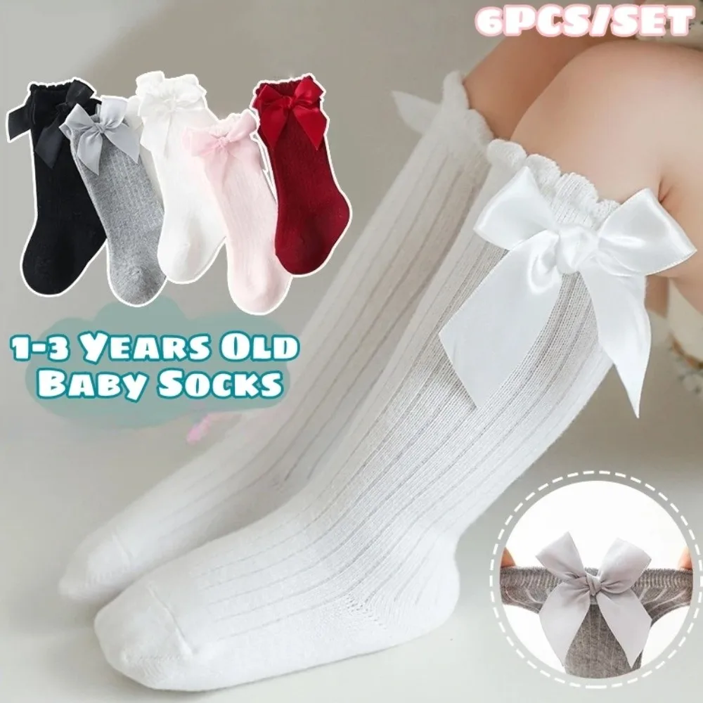 

6 Pairs Fashion Long Baby Knee Socks Soft Comfortable Kids Socks Elastic Breathable Big Bow Hosiery 1-3 Years Old