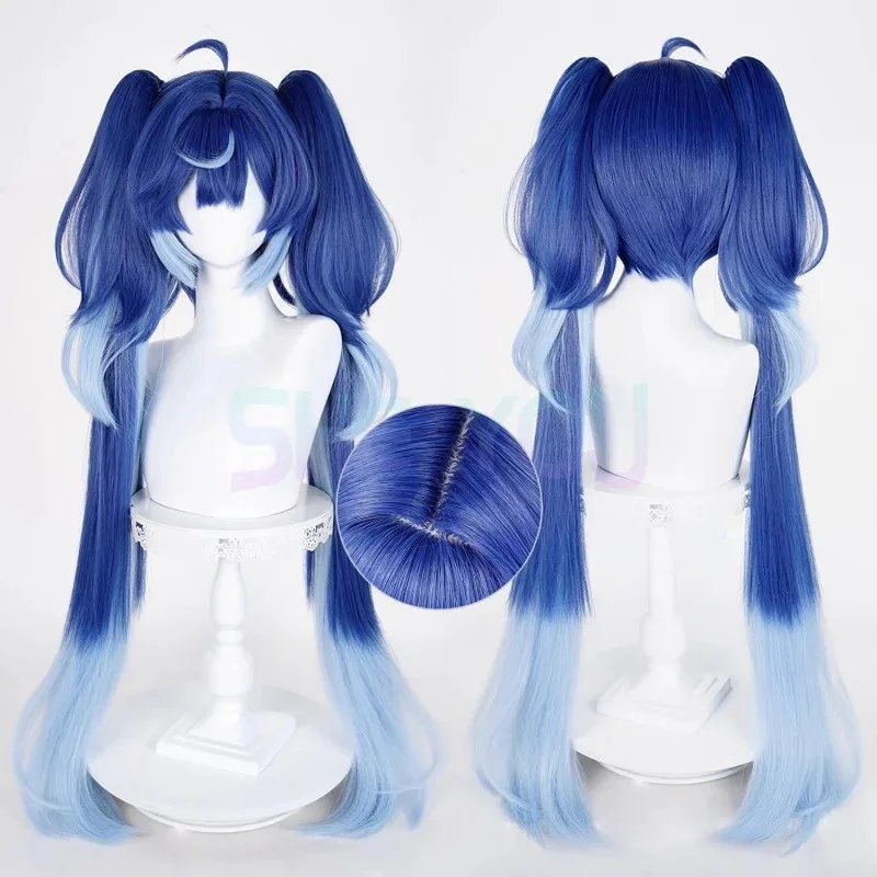 Wuthering Waves Iuno Cosplay Perücke Blauer Farbverlauf Lange Gerade Doppelte Pferdeschwänze Synthetische Perücken Für Frauen Mädchen Rinascita Halloween
