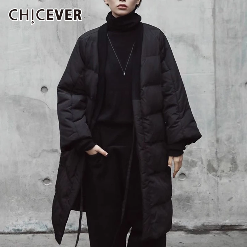 CHICEVER Winter Long Coat For Women Spliced Lace Up Loose Sleeves High Street Minimalism Solid Cardigan Jackets Female Clothing