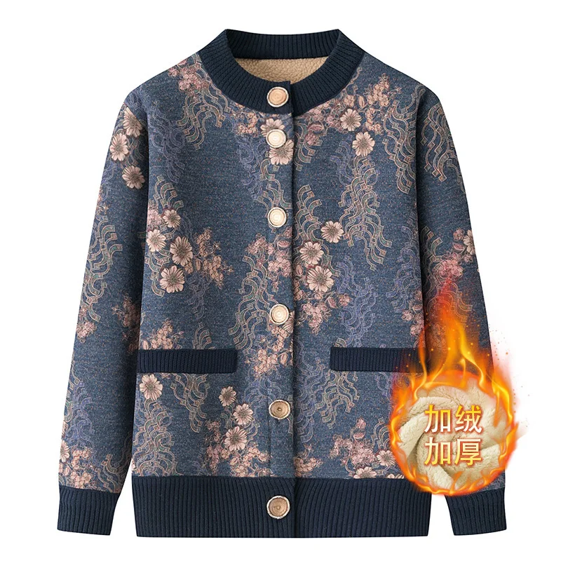 

Autumn Winter Women's Knitted Sweater Cardigan Coat Elderly Grandmothers Mothers Clothes Female Tops Thicke Fleece Warm Sweater