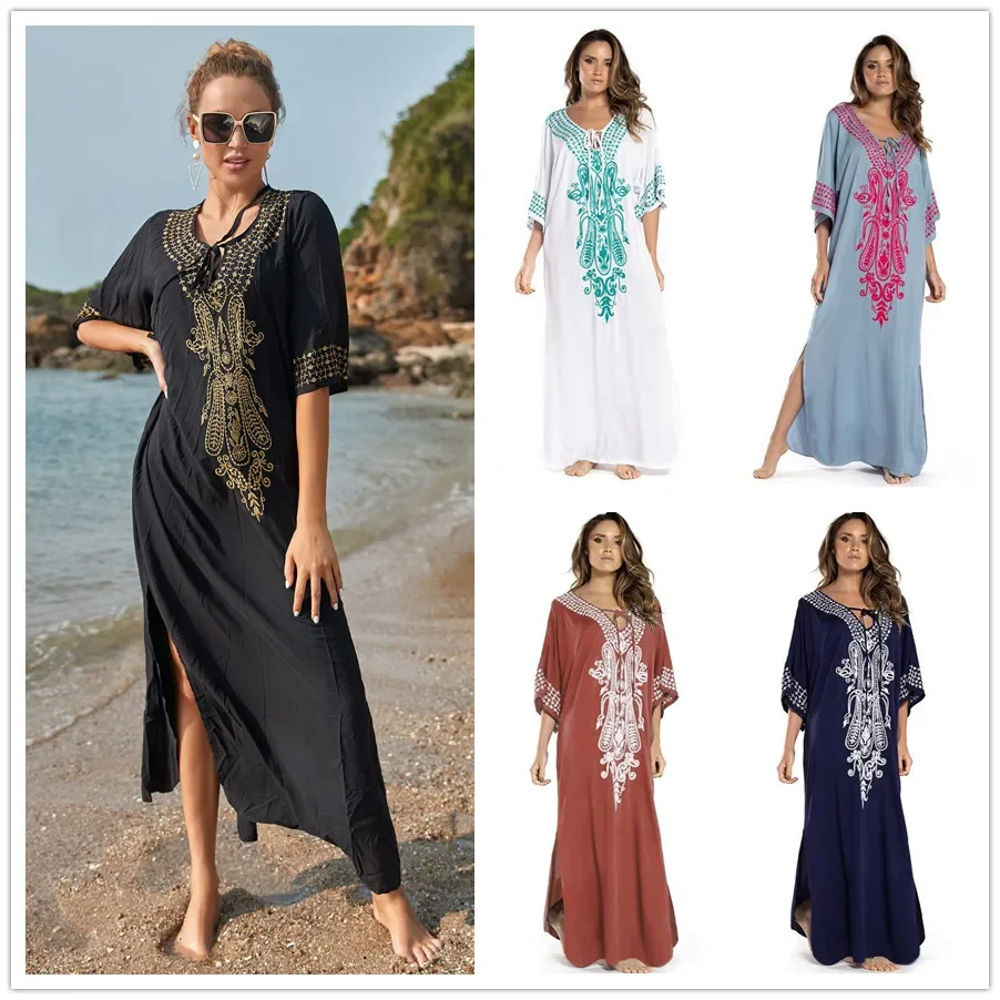 5 cores bordado algodão praia cover-ups saida de praia maiô feminino bikini cobrir túnicas pareo sarong beachwear