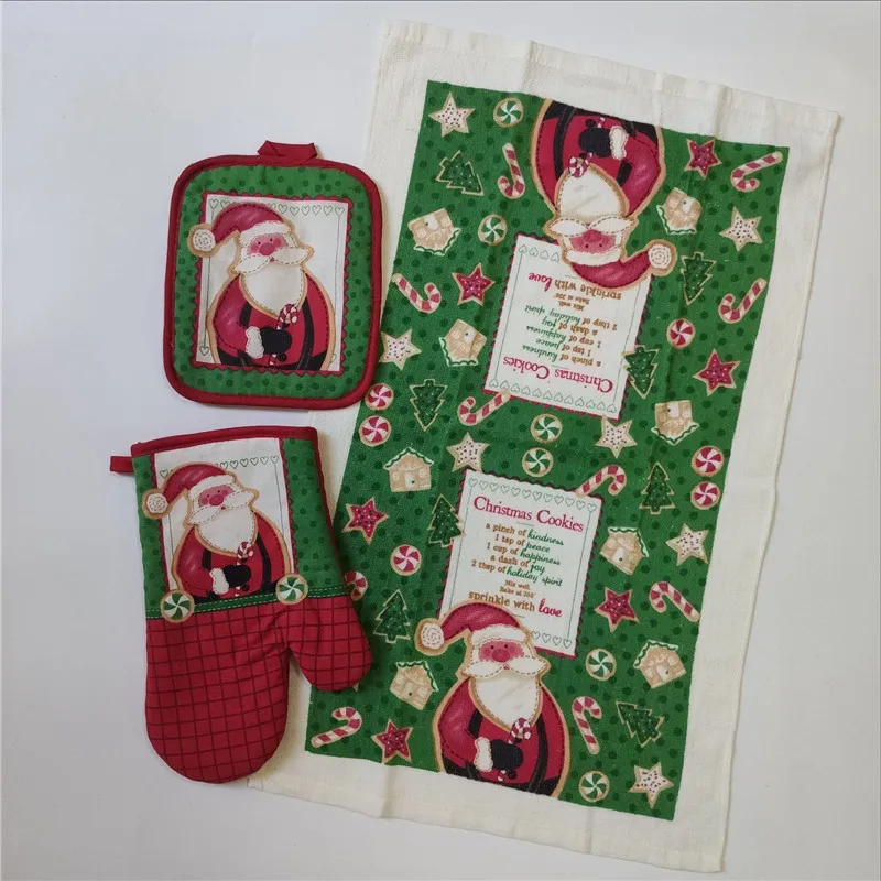 3-teiliges Set Baumwolle Vintage Weihnachtsserie Bedruckte Mikrowellenhandschuhe Küchen-Isolierunterlage Geschirrtuch Weihnachtsparty-Geschenk – Detail 9