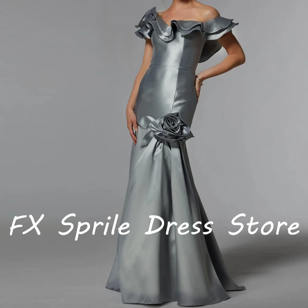 Customized3D Flowers Solid Color Strapless Off the Shoulder Satin Backless Straight Purple Sweep Train Elegant Luxury Evening Dr