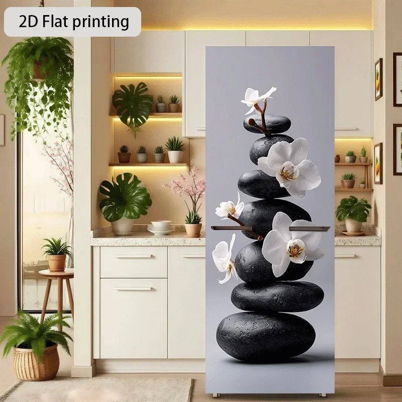 [2D Flat Printing] 1pc Refrigerator Sticker 60×180 Cm Zen Stone Orchid Rhyme Quiet Stack Theme Design Wall Sticker Decoration