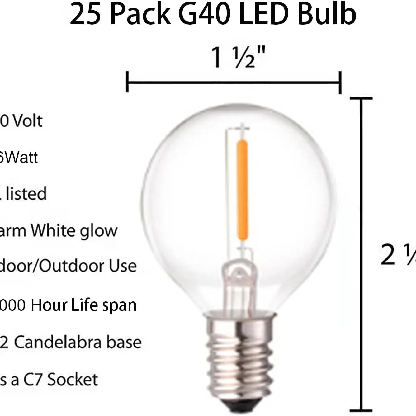 5-25PCS Vintage G40 Led String Light Replacement Bulb 1W 3V 120V 220V Plastic Shatterproof Globe Ball Lamp E12 Base 2700K Edison