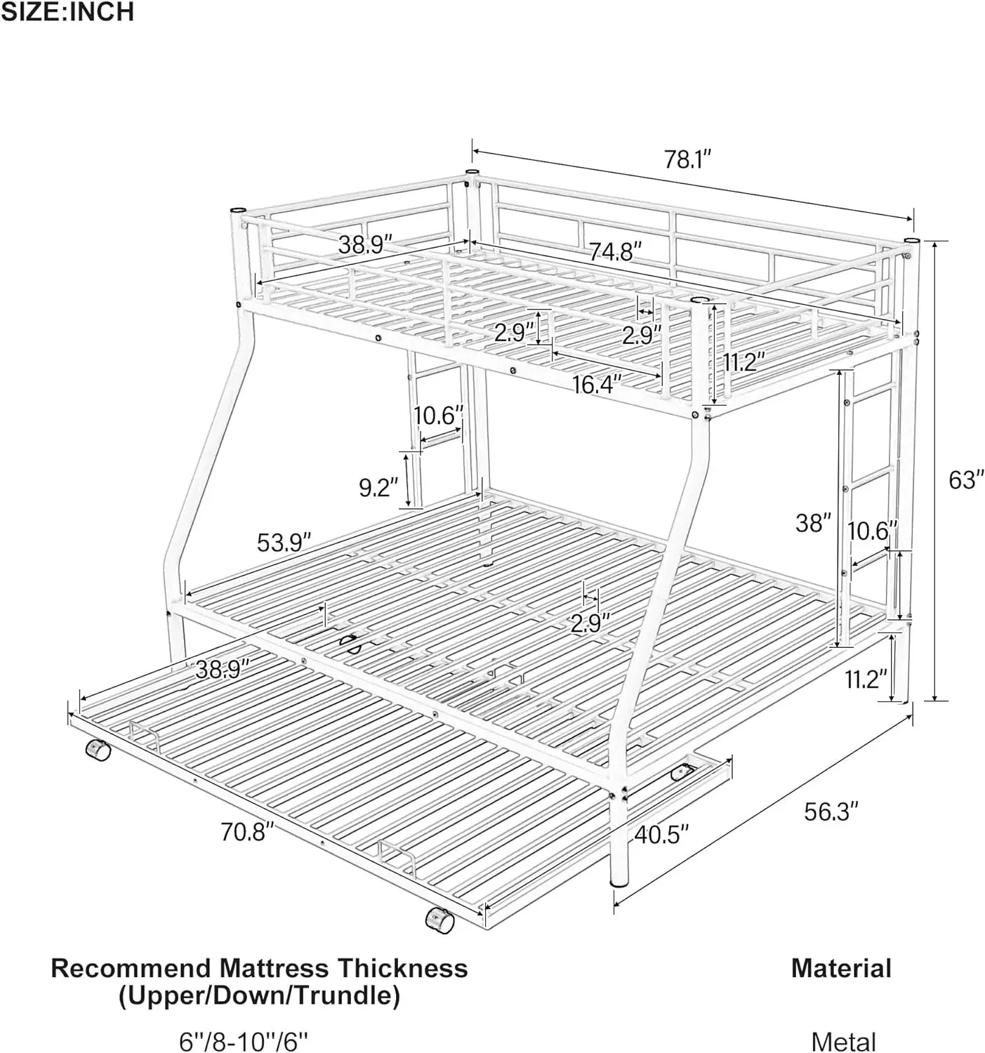 Merax Twin Over Twin/Full Triple Bunk Bed with Trundle:Triple Bunk Beds, Sturdy Steel Bunk Beds Frame for 3 Kids/Teens