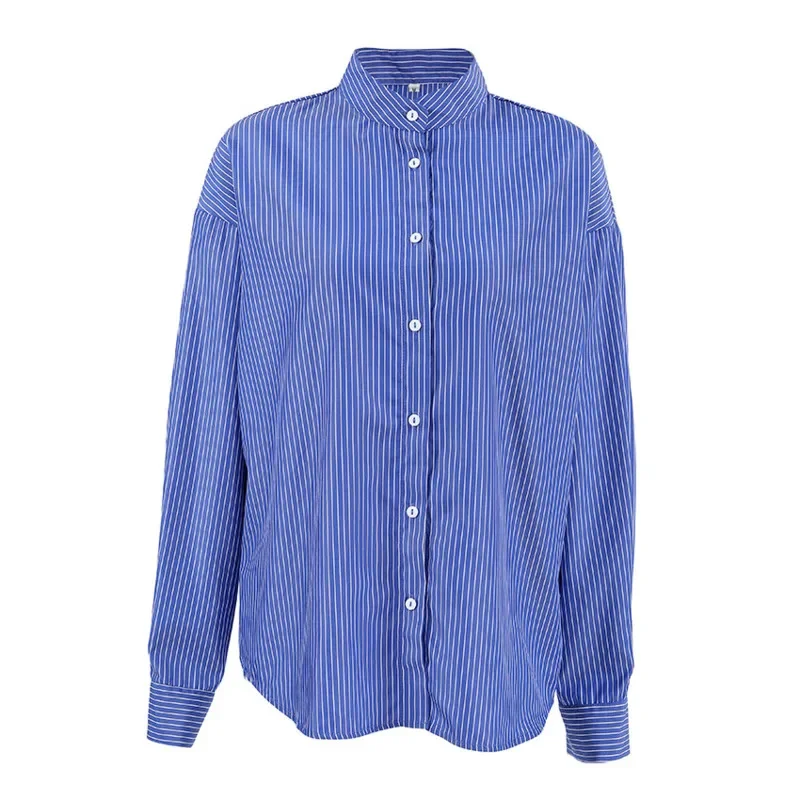 

Chic Women French Style Blue Striped Blouse With Unique Collar Design Long Sleeve Casual Oversized Shirt For Trendy Office Wear