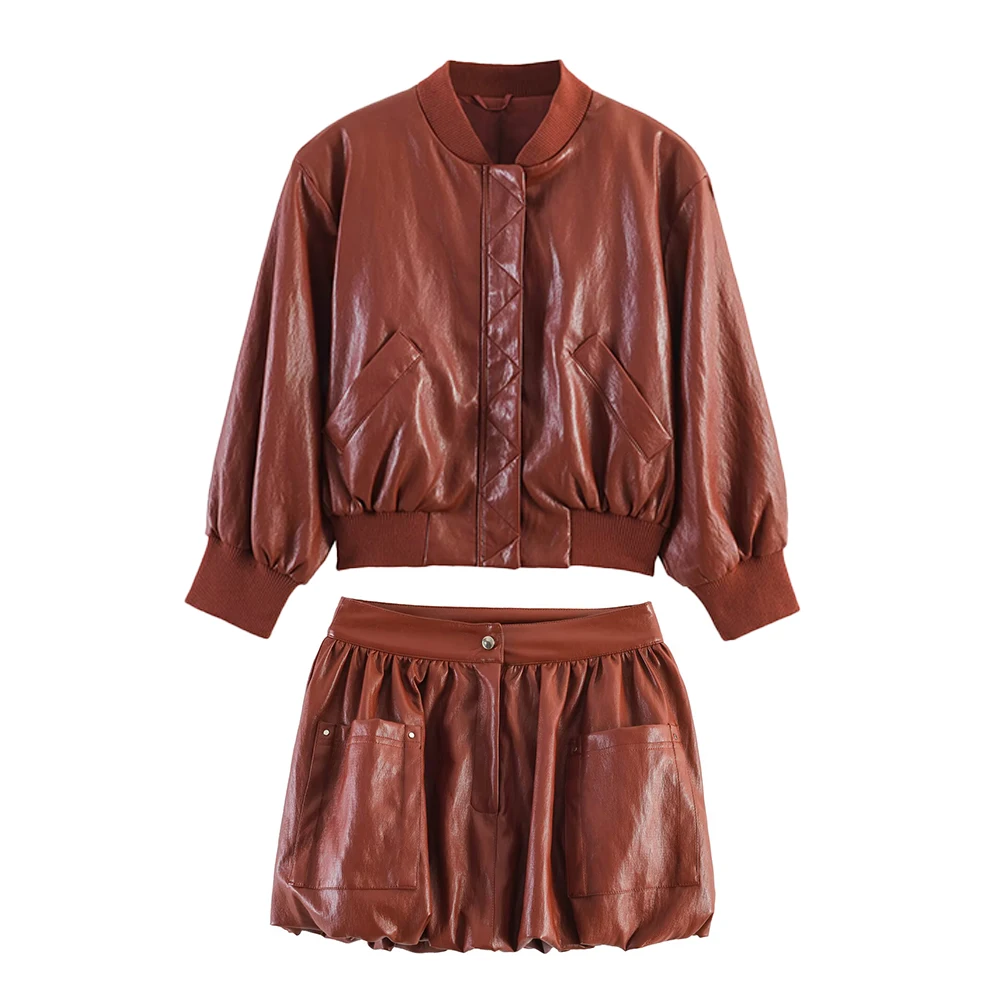Stylish Women's Faux Leather Skirt Sets Faux Leather Three Quarter Sleeves Bomber Jacket and Puff Skirt with Front Patch Pockets