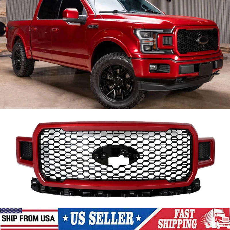 Front Radiator Grille Fit For 2018 2019 2020 Ford F-150 F150 Grille Front Bumper Upper Grilles JL3Z8200SL Rapid Red D4 Magickit