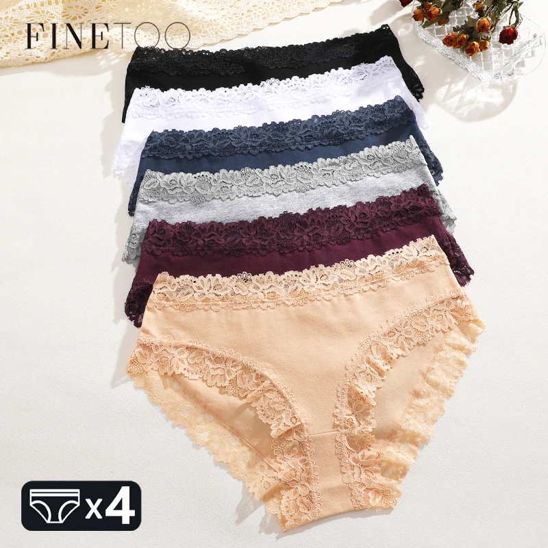 FINETOO 4PCS/Set Cotton Seamless Underwear Women's Lace Lingerie Sexy Floral Breathable Briefs Female Solid Low-Waist Panties