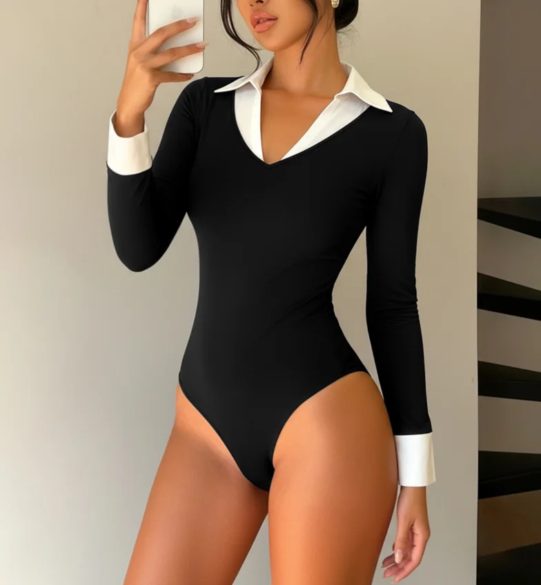 2026 موضة جديدة غير رسمية مثيرة فتاة ساخنة رغبة نقية نمط أبيض وأسود التباين طوق الربط وهمية قطعتين بذلة #3