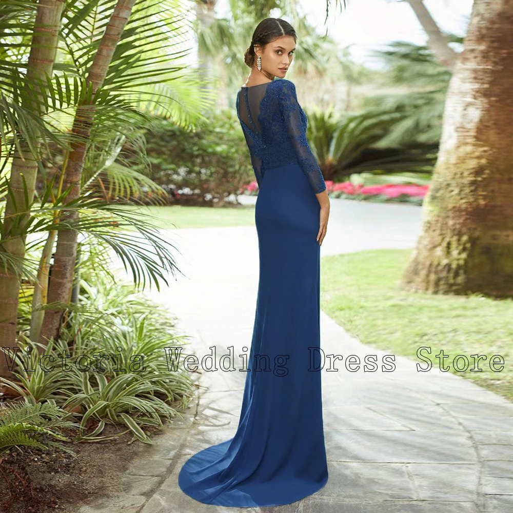 Classic Blue Mother of the Bride Dresses V Neck Long Sleeves Lace Appliques Wedding Party Gowns Illusion Chiffon Floor-Length