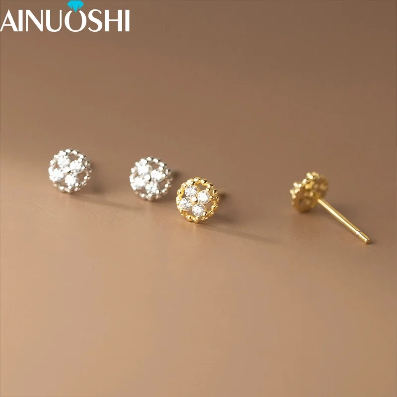 

AINUOSHI Real 925 Silver Lady Stud Earrings Cubic Zirconia Sweet Mini Round Earrings for Women 14K Yellow Anniversary Jewelry