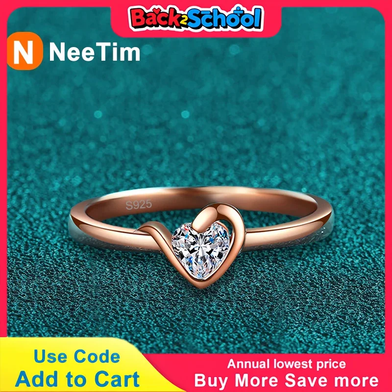 NeeTim Heart Cut Moissanite Eternity Ring 925 Sterling Silver with Champagne White Gold Plated Band Lab Diamond Rings For Women