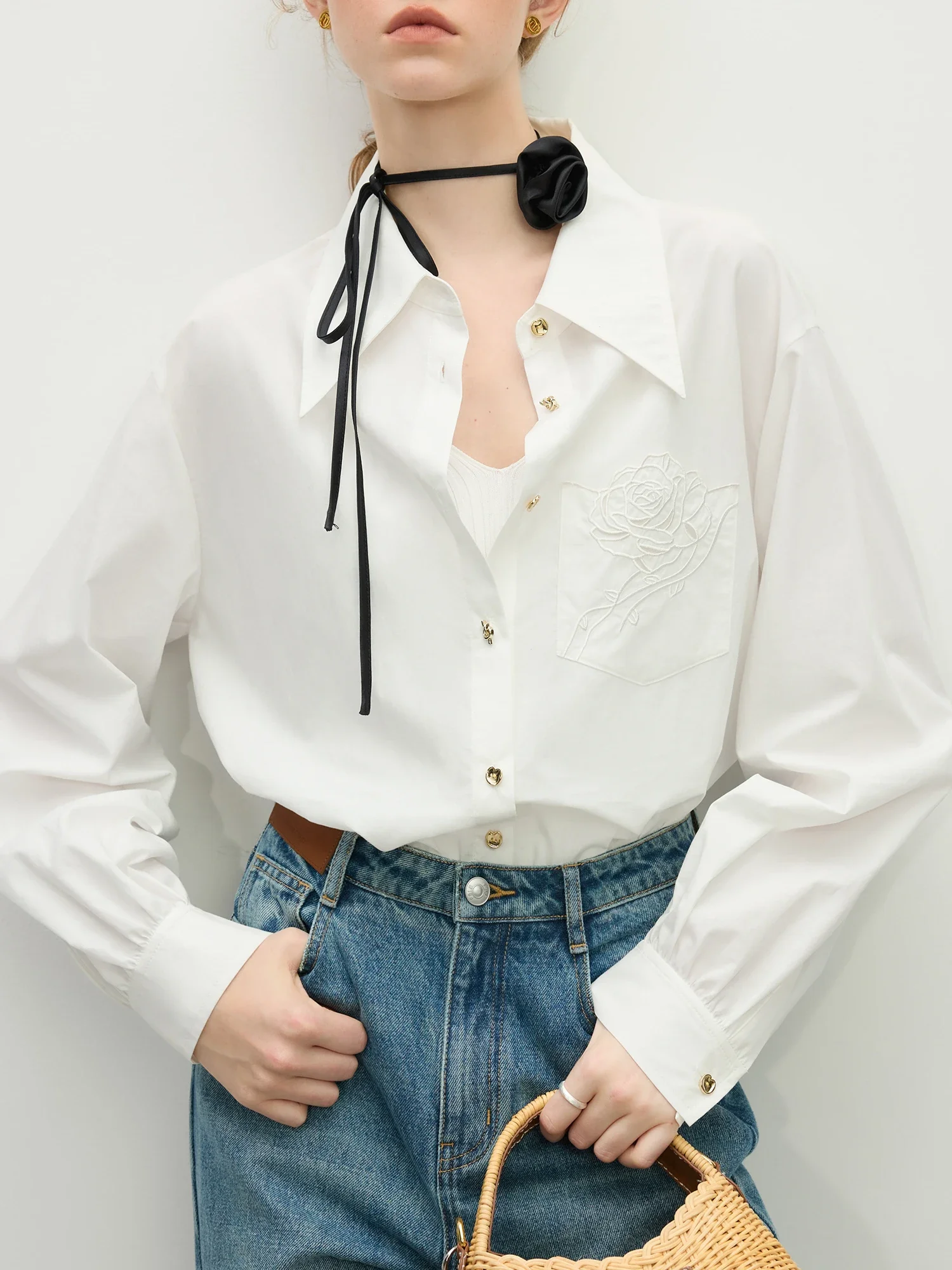 FSLE Women Spring Blouse White Simple Long Sleeve Shirt Tops 46.7% Cotton Female Casual Pink Drop Sleeve Blouses 25FS11184