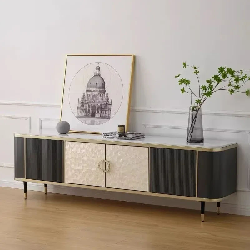 American Light Luxury Shell Marble TV Cabinet Coffee Table Set Solid Wood Storage Locker Integrated Living Room