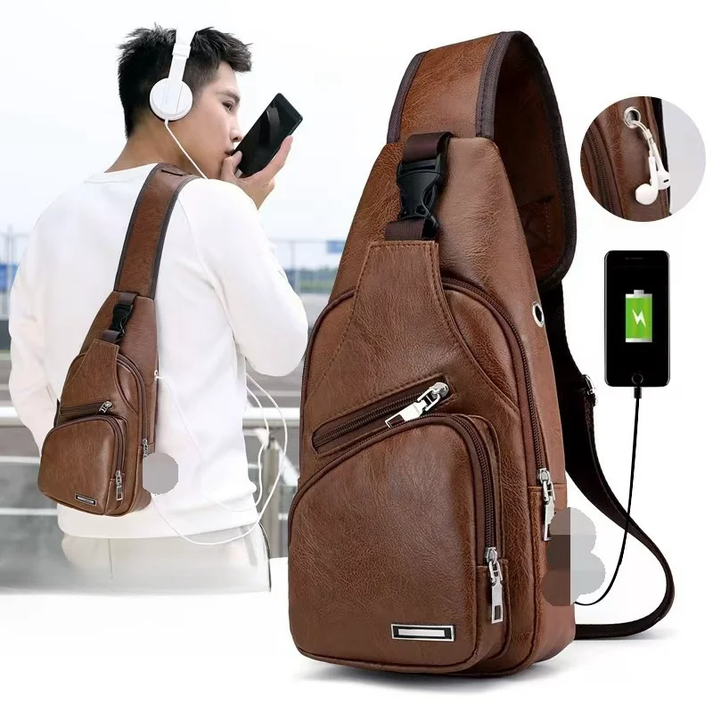 Bolso de pecho a la moda para hombre, bolso cruzado de cuero PU con carga USB para ocio, bolso de pecho antirrobo con una sola correa y orificio para auriculares