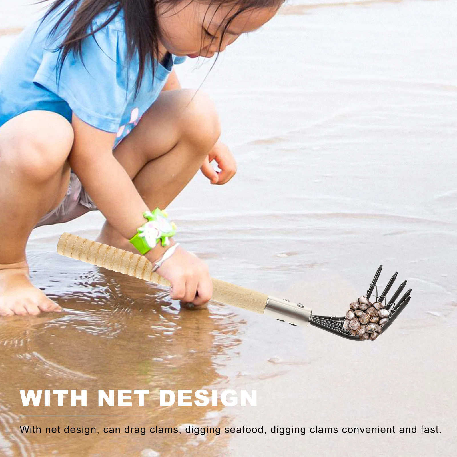 

Clam Digging Rake Beach Tool Stainless Steel with Net Shell Picker Seafood Digger Durable Claw Design Wooden Handle for Clams