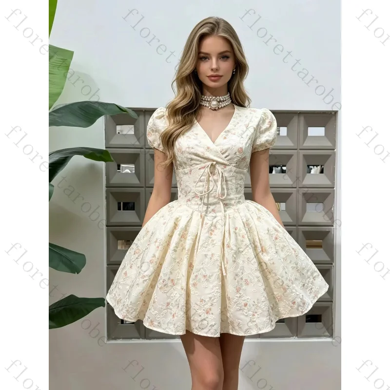 Customized Women Floral Embroidery Mini Dress V Neck Puff Sleeve Front Tie A Line Flared Hem Sweet Birthday Cocktail Outfit