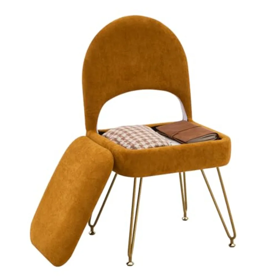 

Vanity Stool Chair with Folding Back Storage Ottomans Faux Fur Vanity Chair Multifunctional Upholstered Footstool with 4 Metal