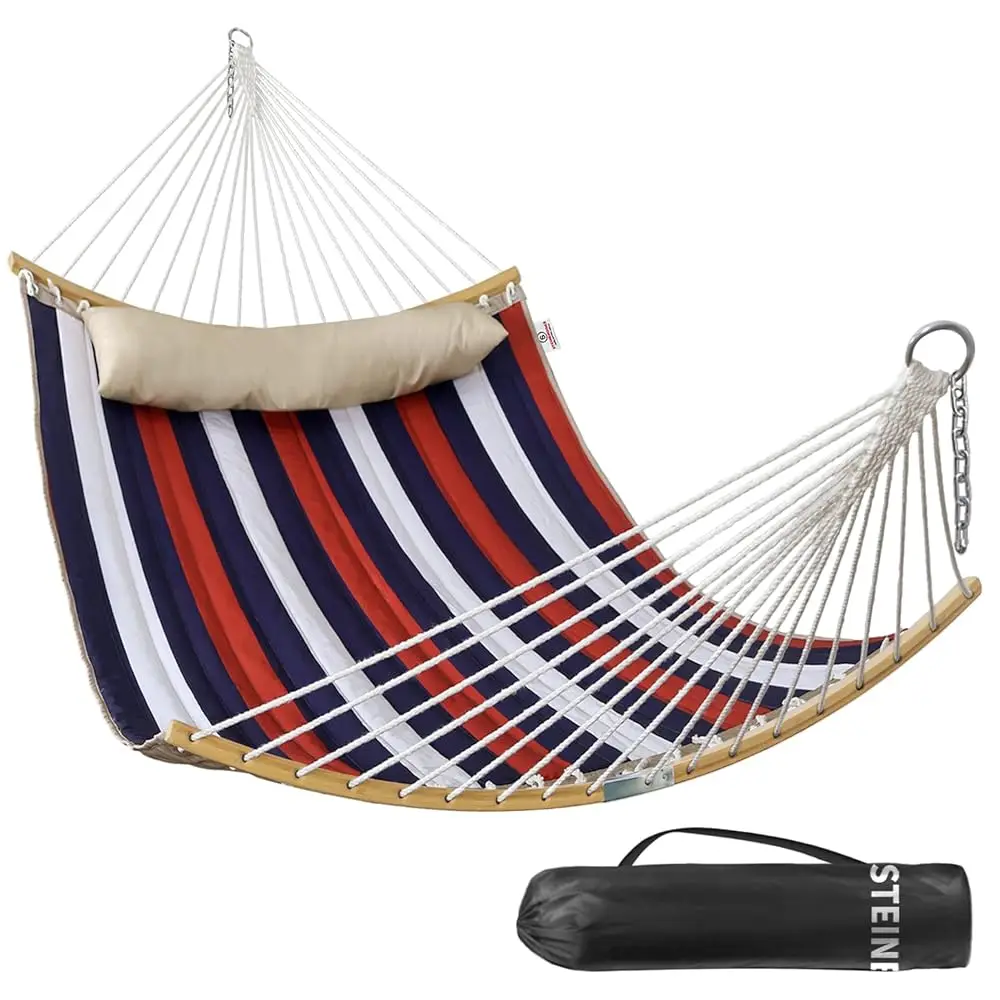 

Double Hammock, 11 Ft Quilted Fabric 2 Person Hammo For Outside With Pillow, Folding Curved Spreader Bar, Chains, Carrying Bag,