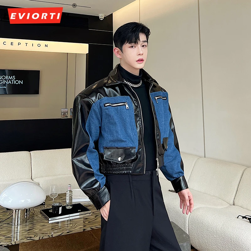 Autumn Men Denim Patchwork Jacket Long Sleeve Lapel Zipper Leather Jackets Streetwear Chic Casual Loose Silhouette Crop Coat