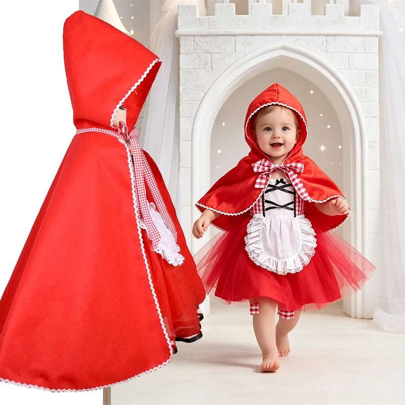 Girls Fairytale Hooded Costume Red Cape Mesh Tutu Dress White Apron Kids Halloween Carnival Dress Up Clothes