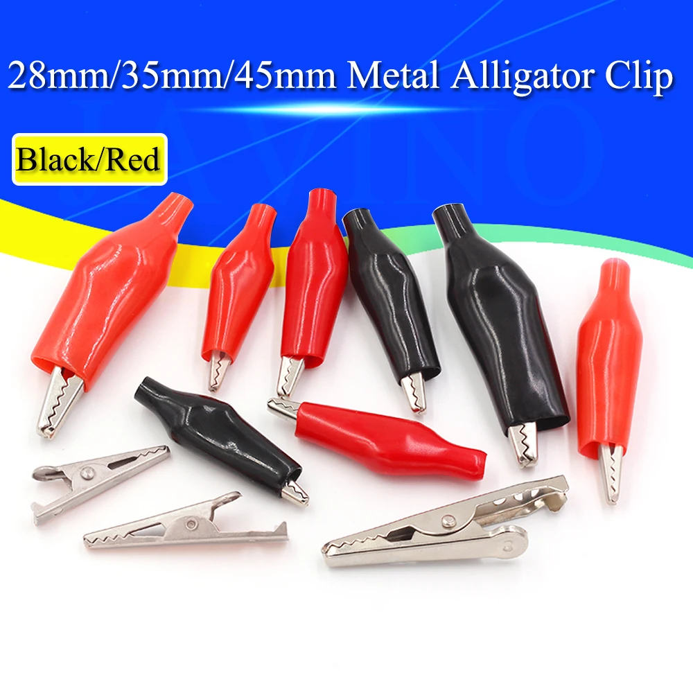 10Pcs 28MM/35MM/45MM Metal Alligator Clip G98 Crocodile Electrical Clamp for Testing Probe Meter Black/Red with Plastic Boot