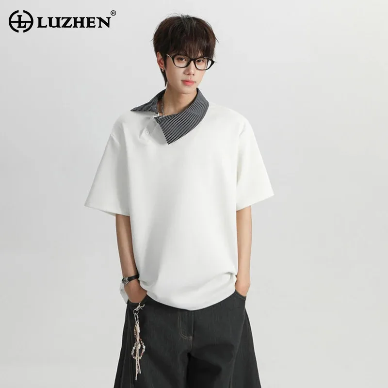 LUZHEN Short 2026 Summer Personalized Slant Lapel Splicing Design Sleeve T-shirt Men's Fashion Handsome Loose Casual Tops JY8485
