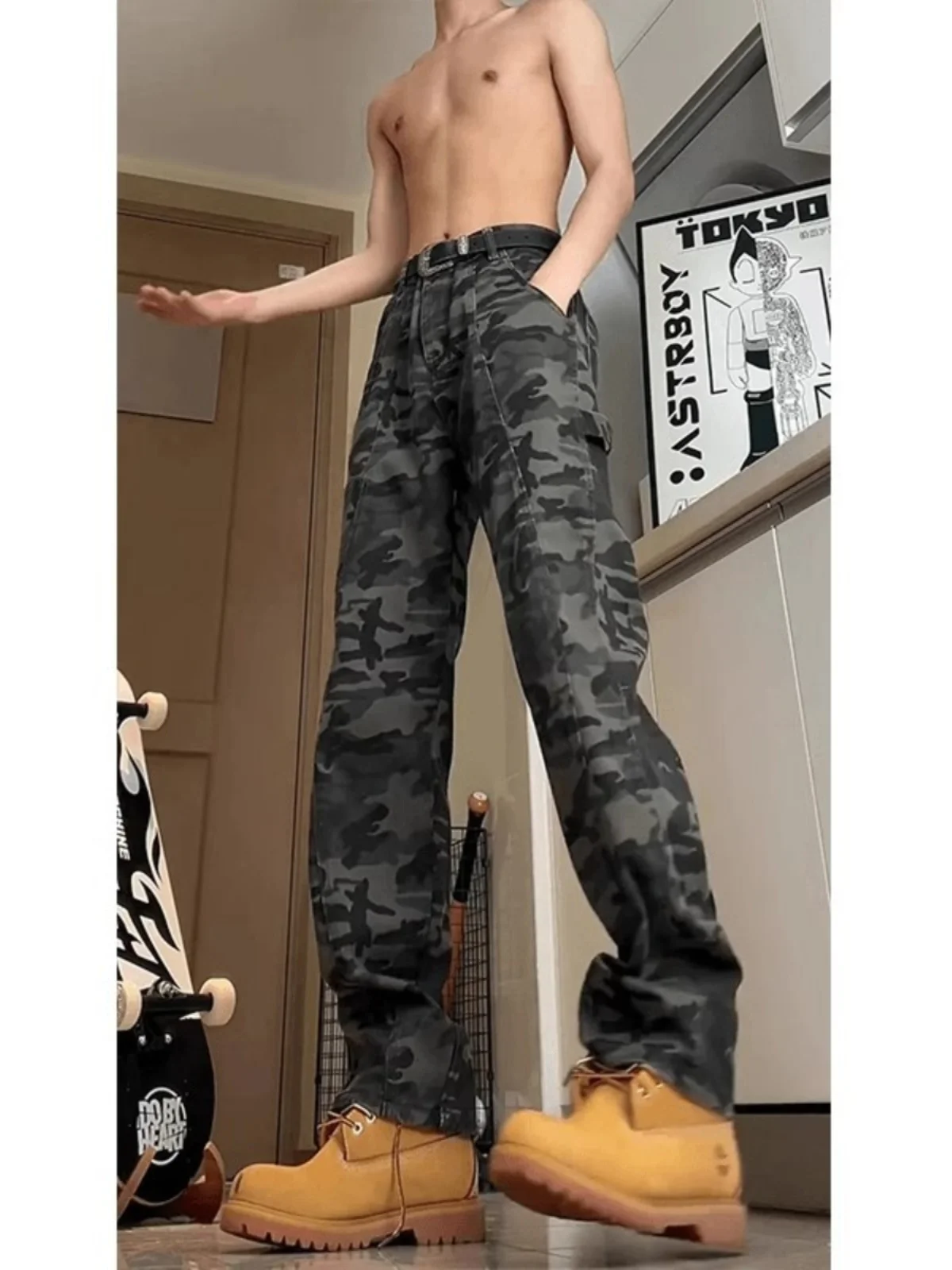 

American High Street Vibe Camouflage Workwear Jeans Men Summer Thin Straight Loose Flared Long Trousers Casual Youth Jeans