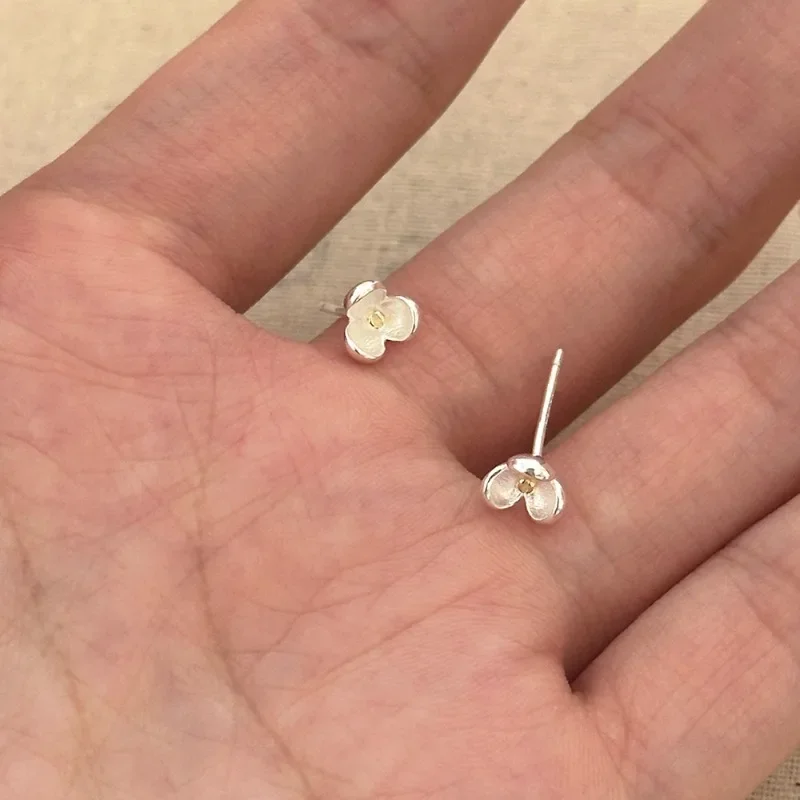 Cute 925 Sterling Silver Magnolia Flower Stud Earrings for Women Girl Korean Three-petaled Small Flower Jewelry Accessories Gift