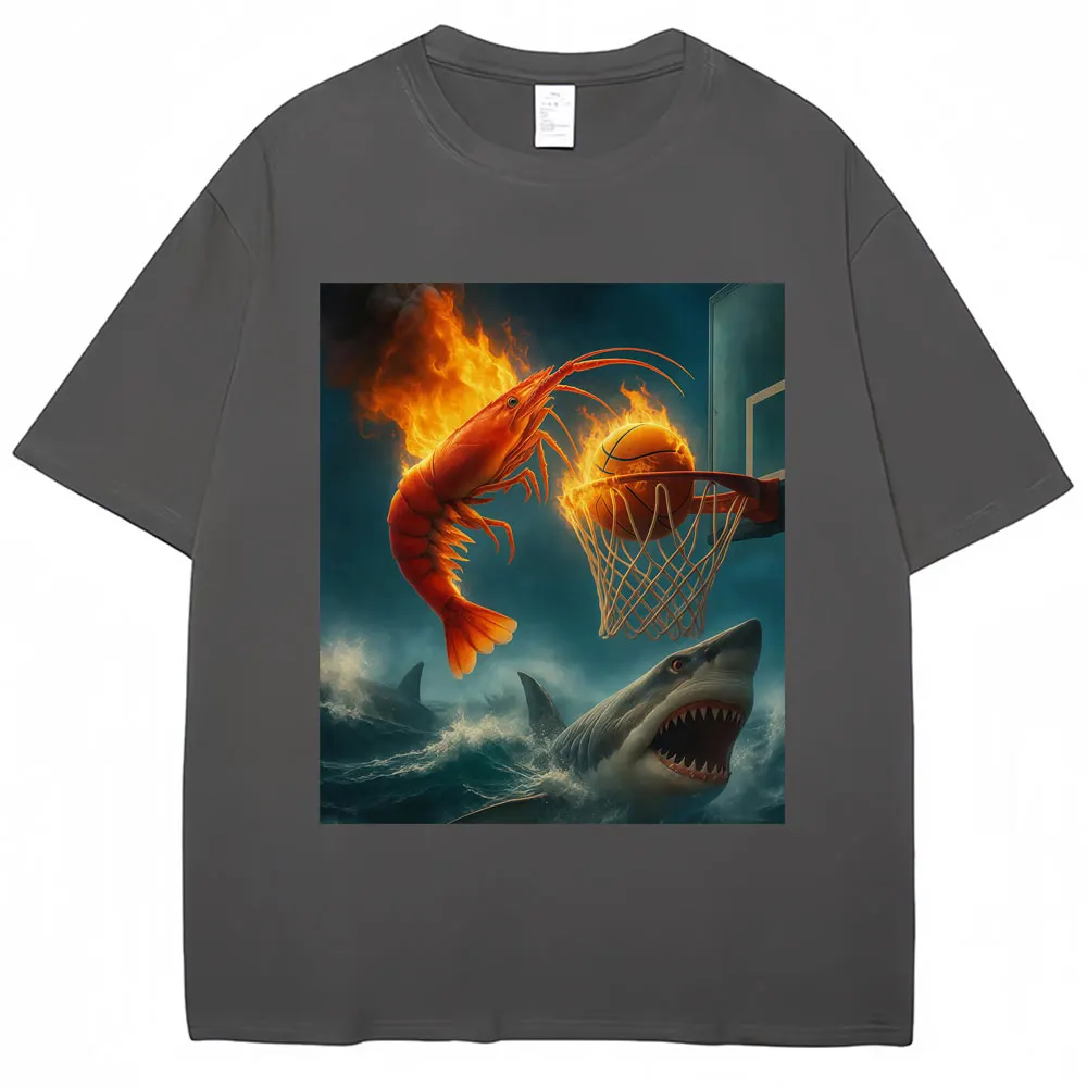 Fiery Shrimp Dunk Basketball Meme Funny T Shirt Sports Fans Men Women Humor Joke T-shirts Oversized Cotton Casual Short Sleeve