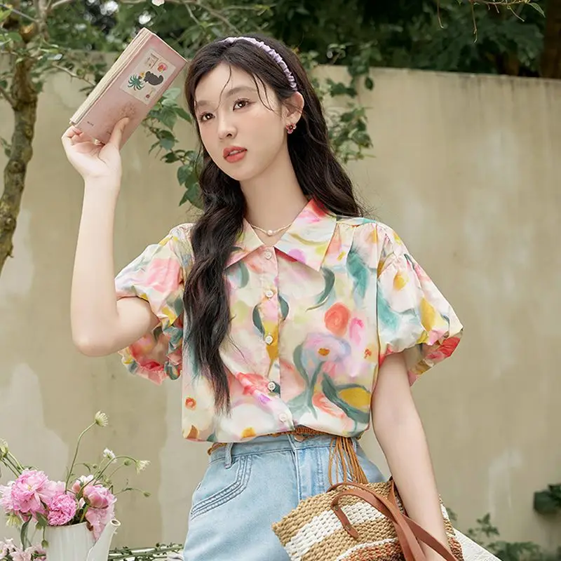 Summer Woman Blouse Short Sleeve Sweet Cute Printing Floral Loose Bright Colors Youth Lively Elegant Puff Sleeve Fashionable