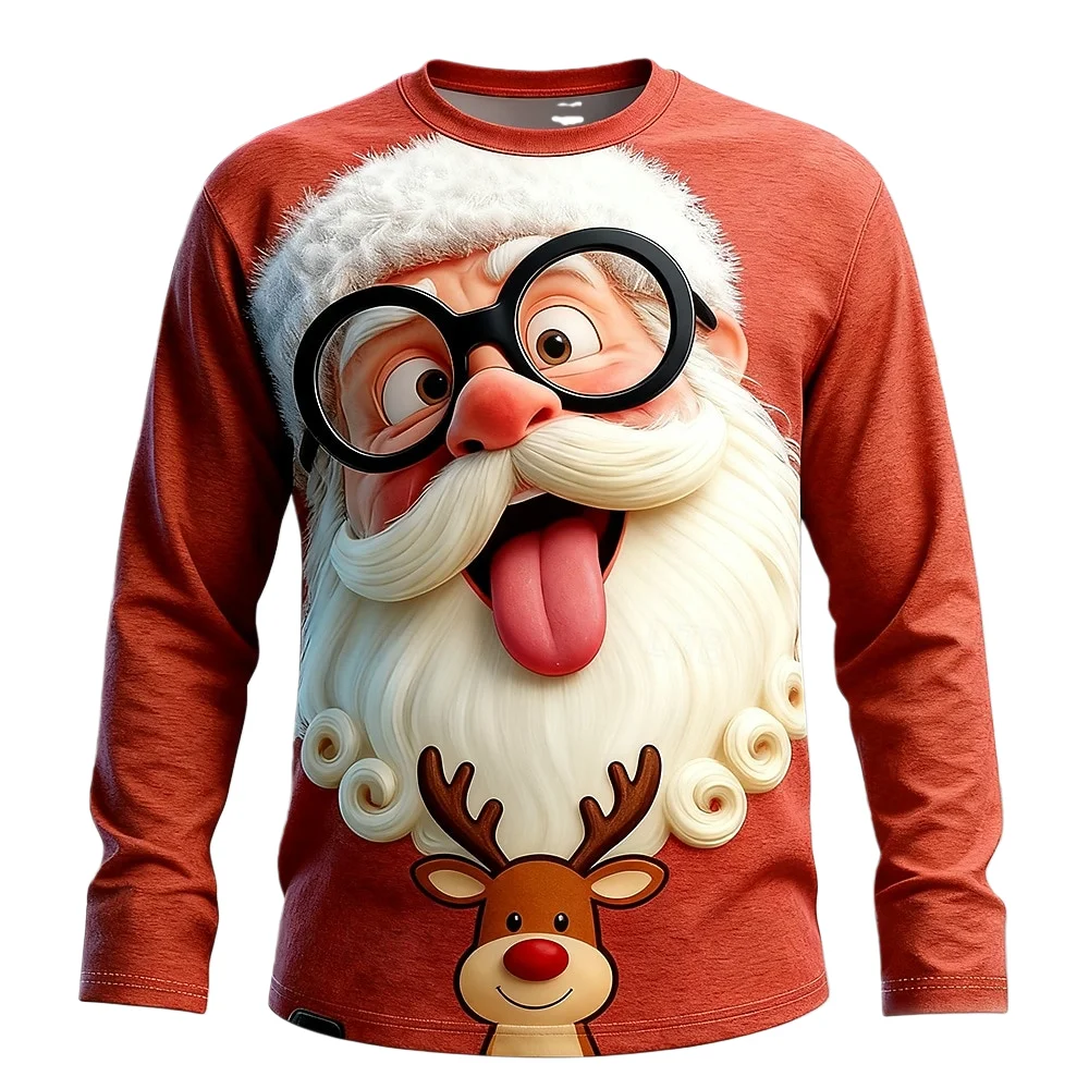 

New Santa Claus Print Men's T-shirt Funny Christmas Long Sleeve Daily Casual Tops Creative Design Men's Tee Holiday Men Clothing