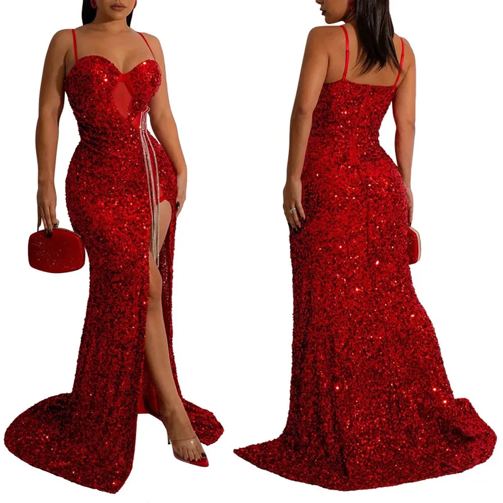 

Spring Summer Women Sexy Solid Color Spaghetti Strap Sequin Suspenders Design Glitter Floor Length Party Long Dress