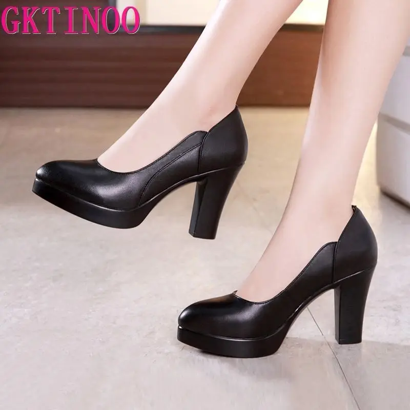 

GKTINOO Spring Autumn Office Lady Pumps Black Shoes Women High Heels Genuine Leather Pointed Toe Comfortable Women's Shoes