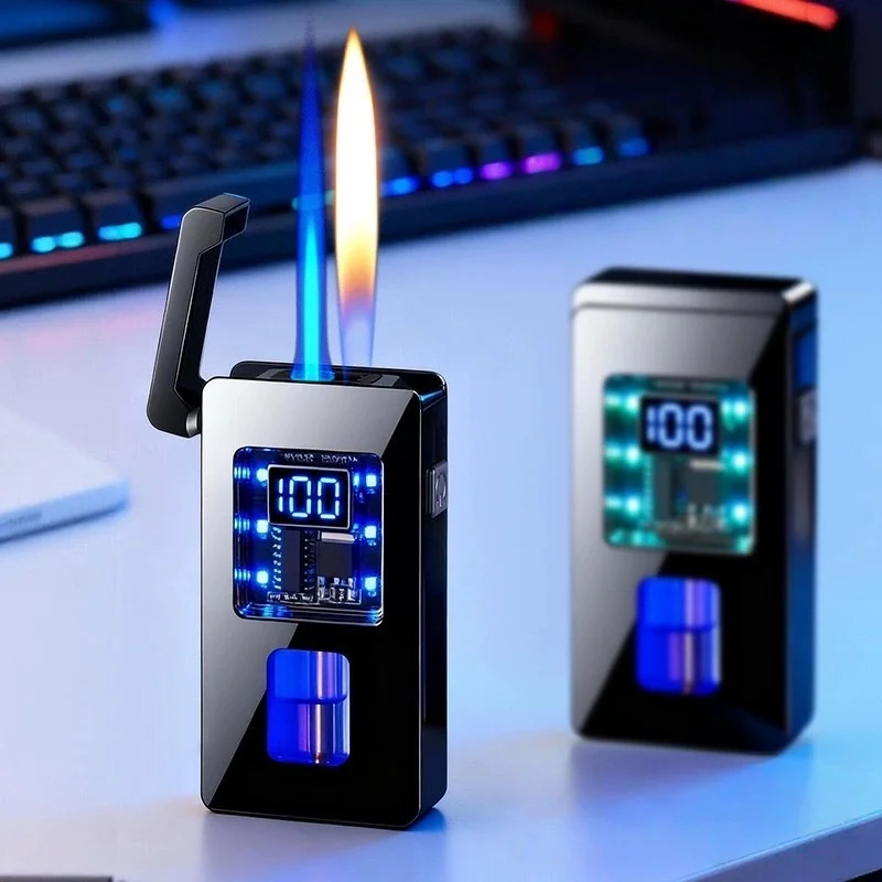 Neues Design Smart Dual-Flammen-Feuerzeug Metall Winddichtes Butan-Taschenfeuerzeug Kreatives Geschenk für Männer Outdoor-Raucherzubehör